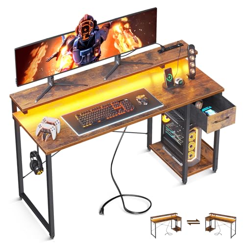 Black 40 Inch Computer Desk with LED Lights, Power Outlet, Drawer, Monitor Stand, Headphone Hook W3083