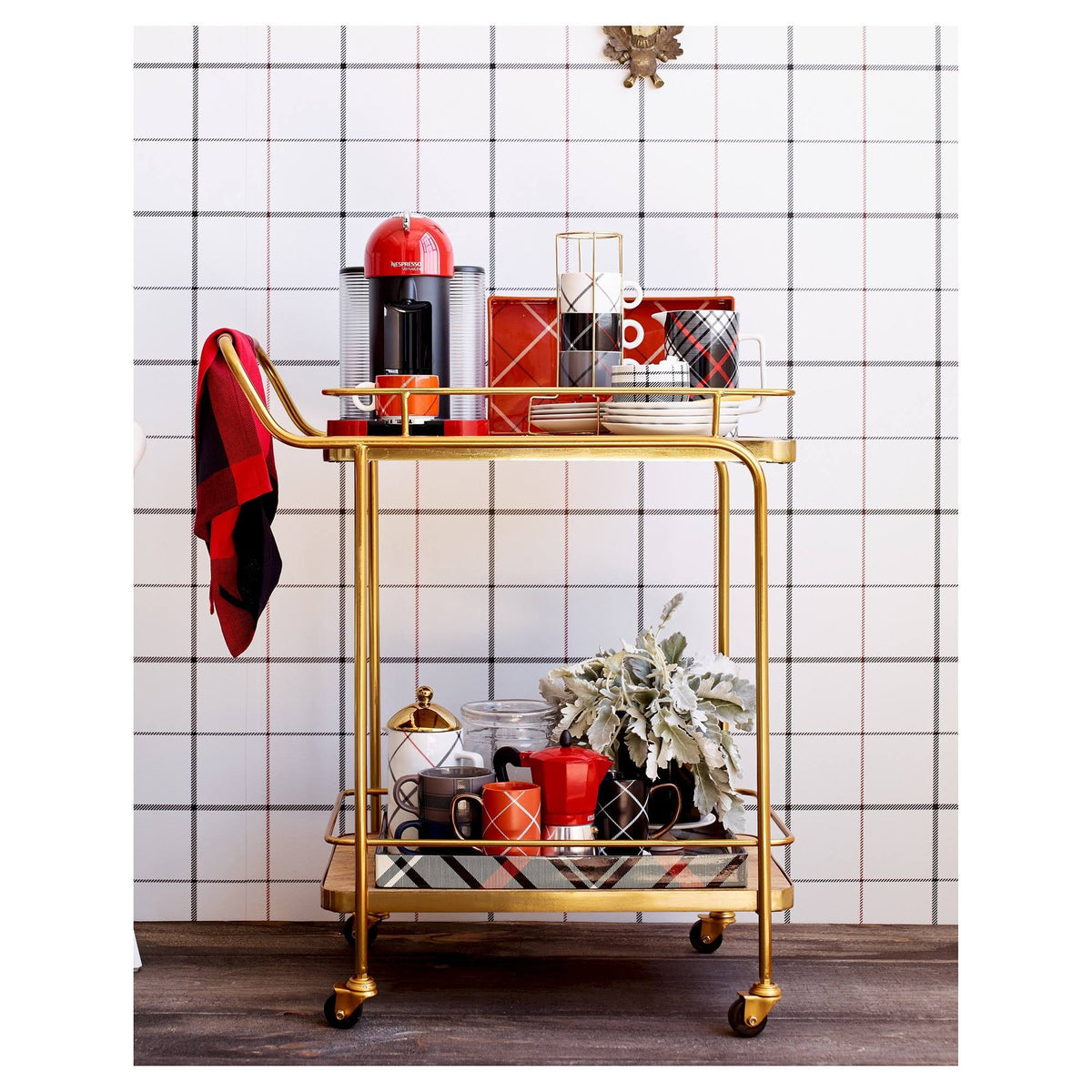 Gold Metal Wood Leather Bar Cart N252