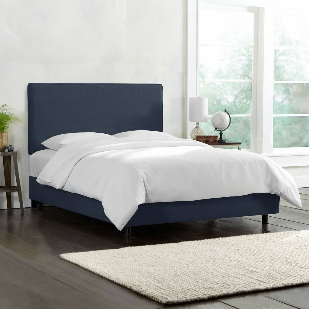 Navy Linen Queen Box Seam Bed Y989