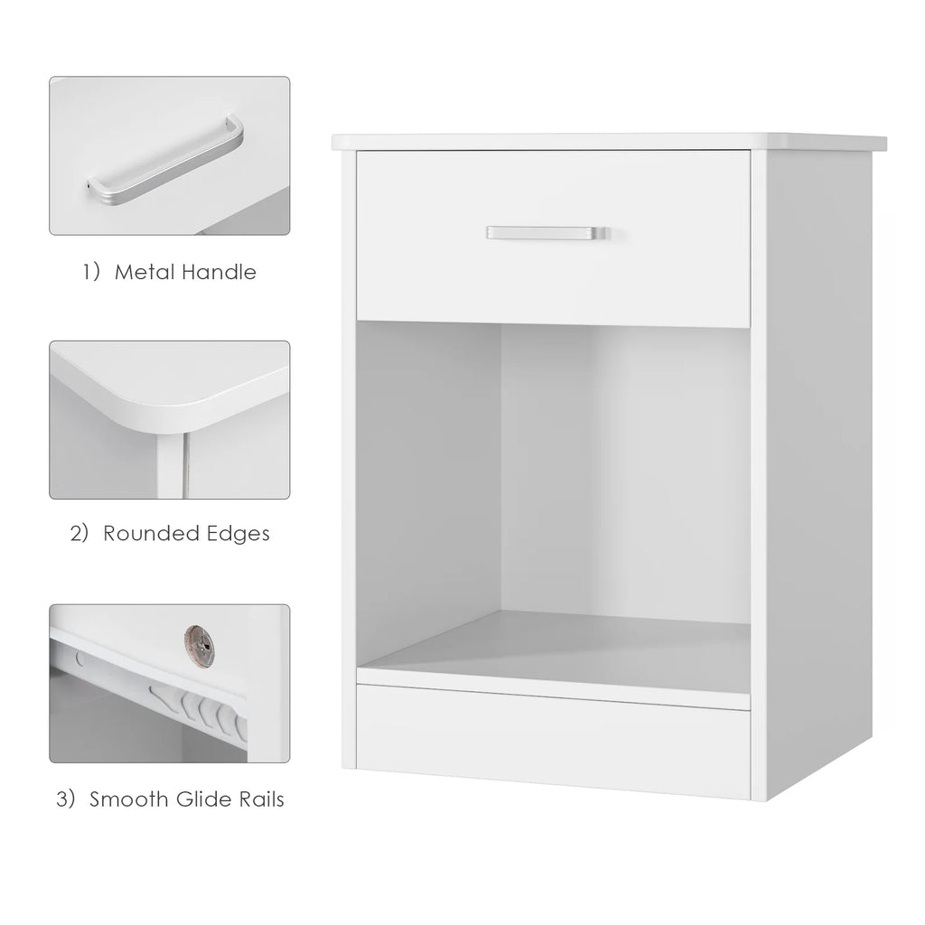 White Nightstand with Drawer and Storage Shelf E655