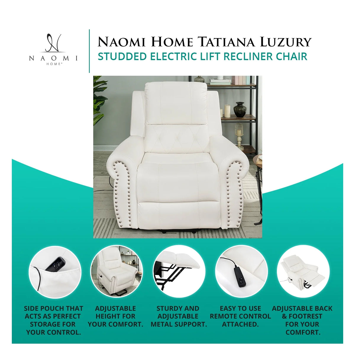Cream Oversized Power Lift Recliner Chair with Footrest and Remote Control C471648