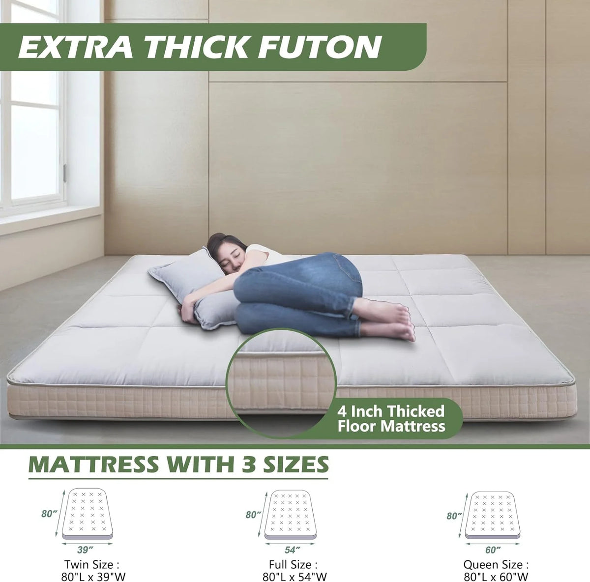 Japanese Floor Futon Mattress, Foldable Roll Up Sleeping Pad J465635