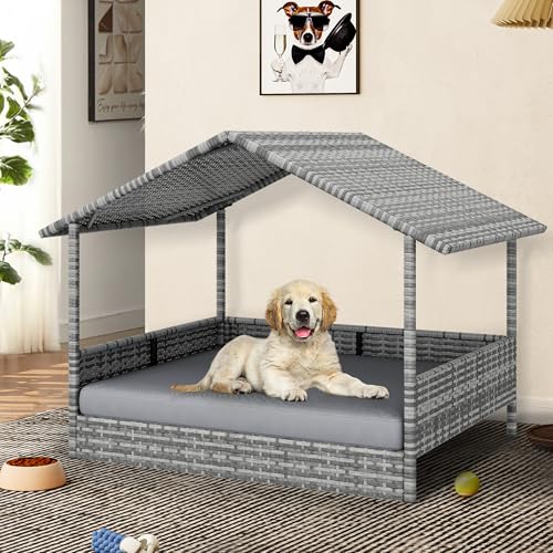 Large Wicker Dog House with Cushion and Canopy N115681