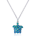 18" Rhodium Created Blue Opal Turtle Dangling Necklace B1327