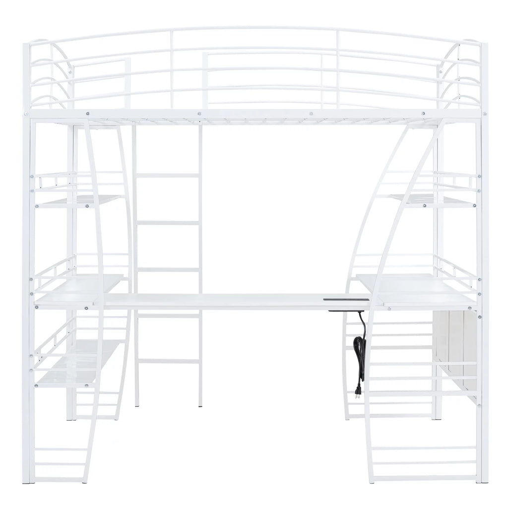 Full Size White Loft Bed with Shelves and L-shaped Desk N412999