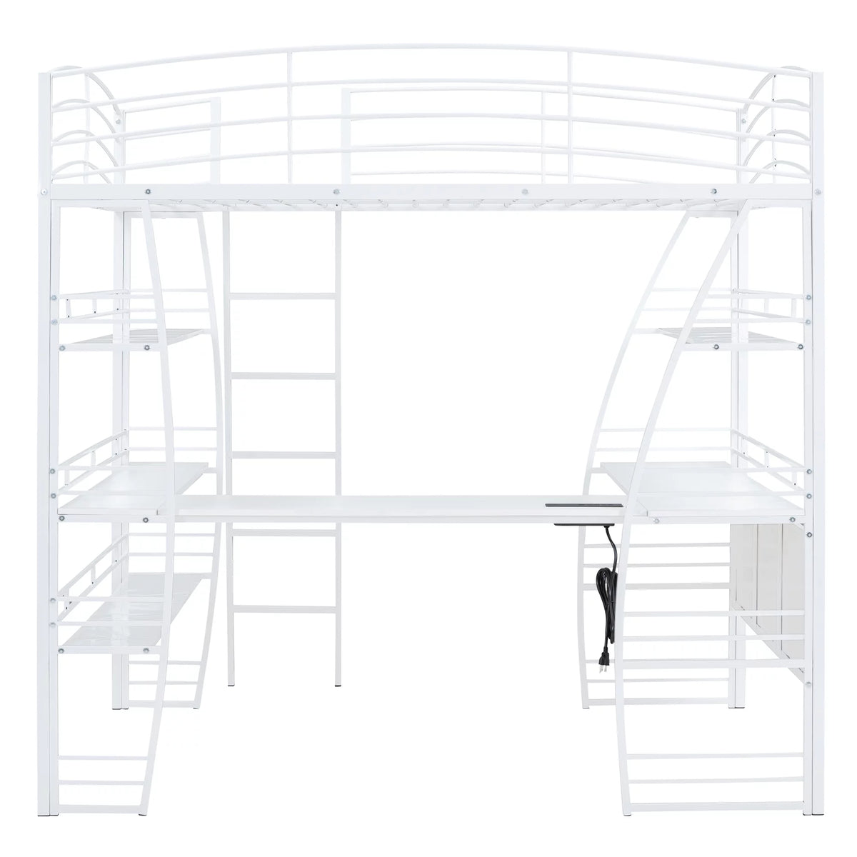 Full Size White Loft Bed with Shelves and L-shaped Desk N412999