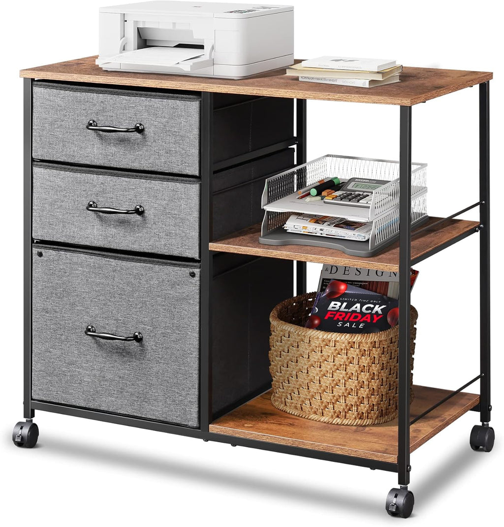3 Drawer Mobile File Cabinet with Open Storage Shelf, Black D7982