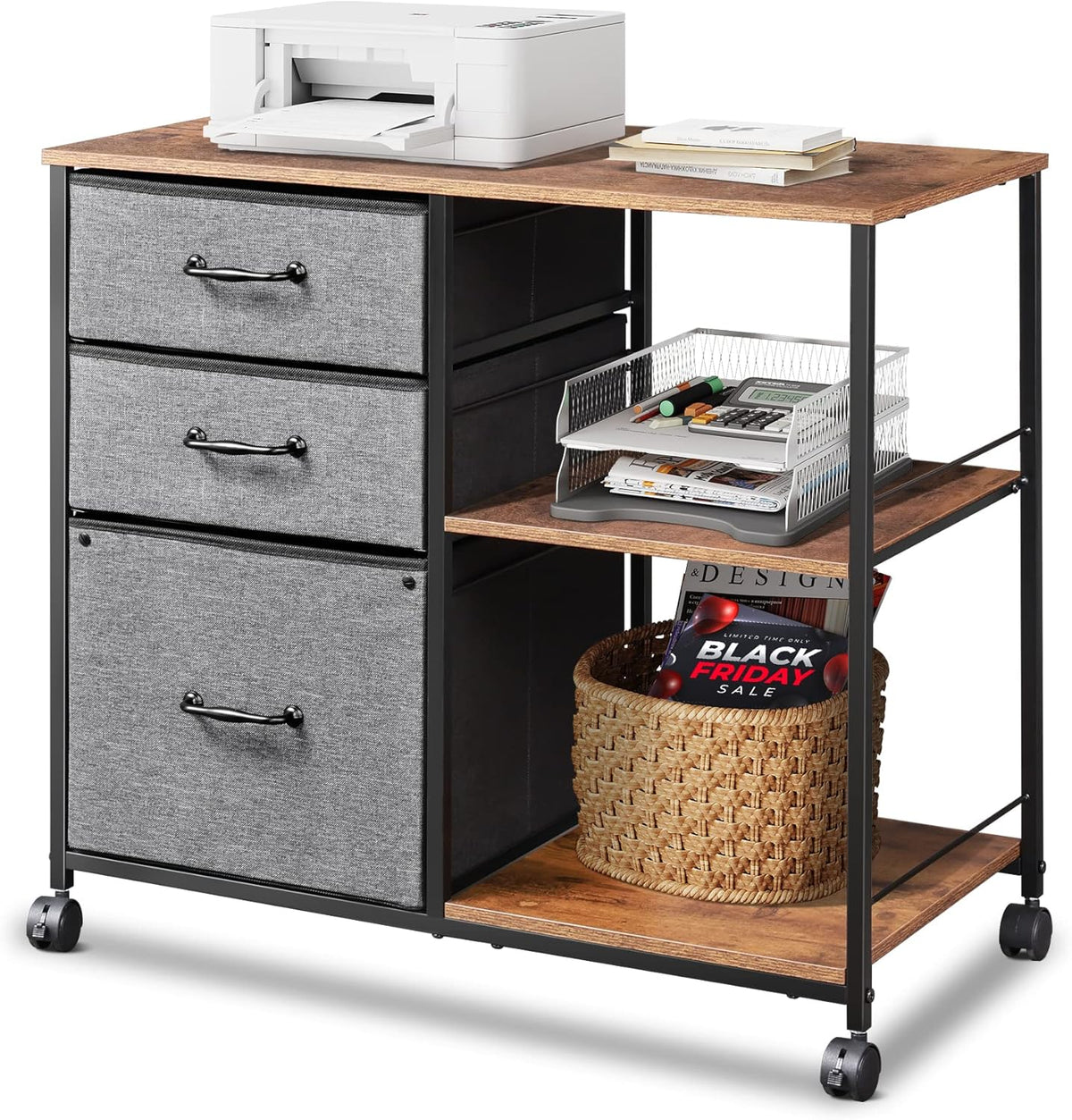 3 Drawer Mobile File Cabinet with Open Storage Shelf, Black D7982