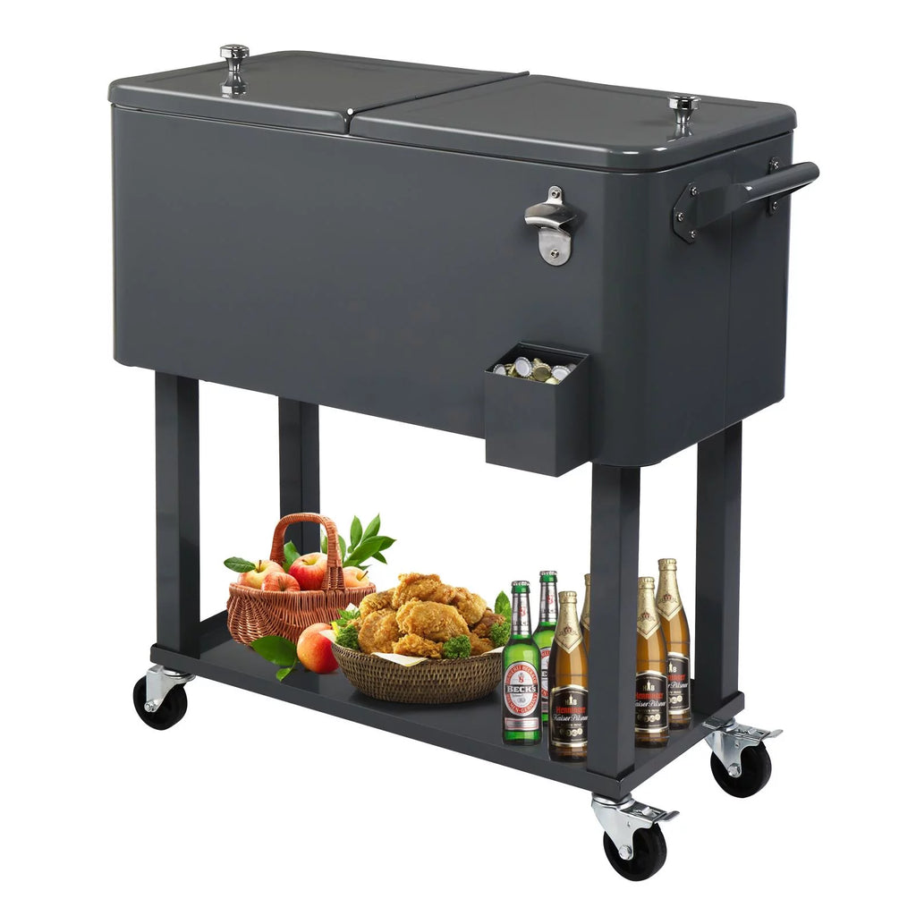 80QT Rolling Cooler Cart with Shelf Gray Q66771