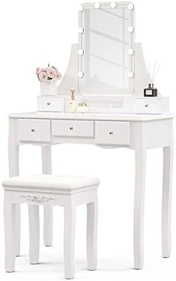 White Vanity Set with Lighted Tri-Fold Mirror and 4 Drawers I916