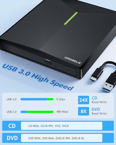 USB 3.0 Type-C Ultra Slim 13mm Portable CD DVD +/-RW Drive (Black) C6359