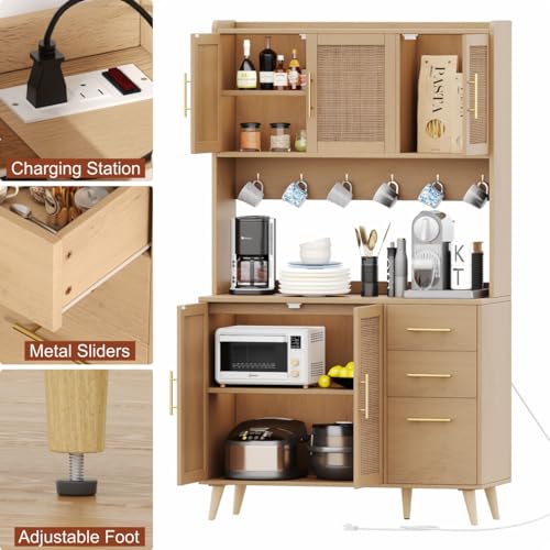 Black and Natural Tall Kitchen Pantry Cabinet with Microwave Shelf and Charging Station M729