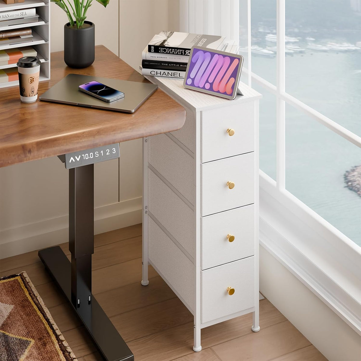 White 4 Drawer Slim Fabric Dresser with Steel Frame and Wood Top K72446