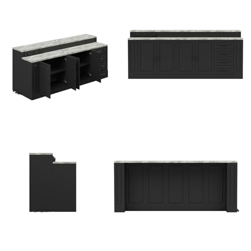 94.5" W Stationary Kitchen Island Storage Cabinet with Power Outlet, 3 Drawers, Black & Marble Grain F55584