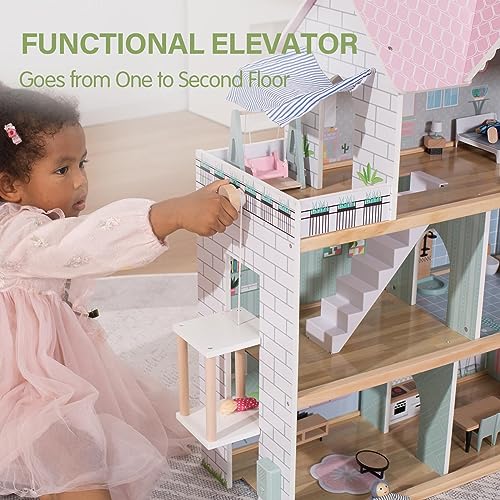Large Pink Wooden Dollhouse with 15 Pcs Furniture & 3 Dolls M736