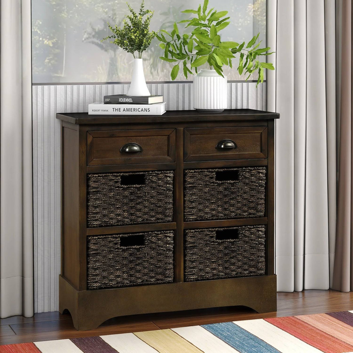 Rustic Storage Cabinet with 2-Drawers and 4 Fabric Basket Dark Brown R5080