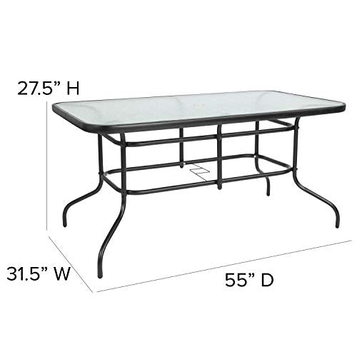 Rectangular Metal Patio Table & Chairs Set with Tempered Glass Top and 4 Black Aluminum Stacking Chairs Z147193