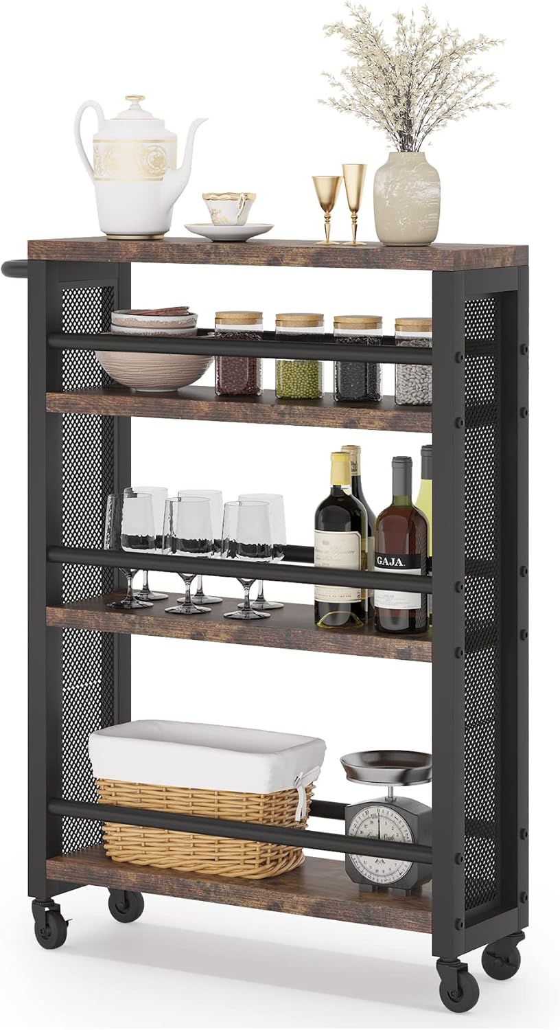 Brown 4 Tiers Wood Rolling Cart with Wheels U44537