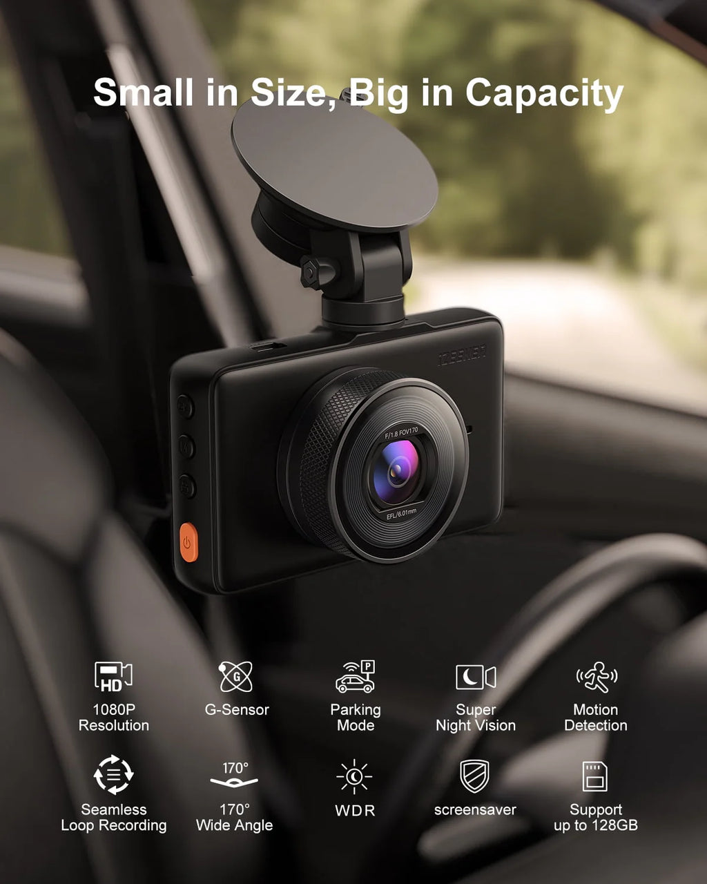 1080P Dash Cam with Night Vision, 3 Inch LCD, 170° Wide Angle D78106