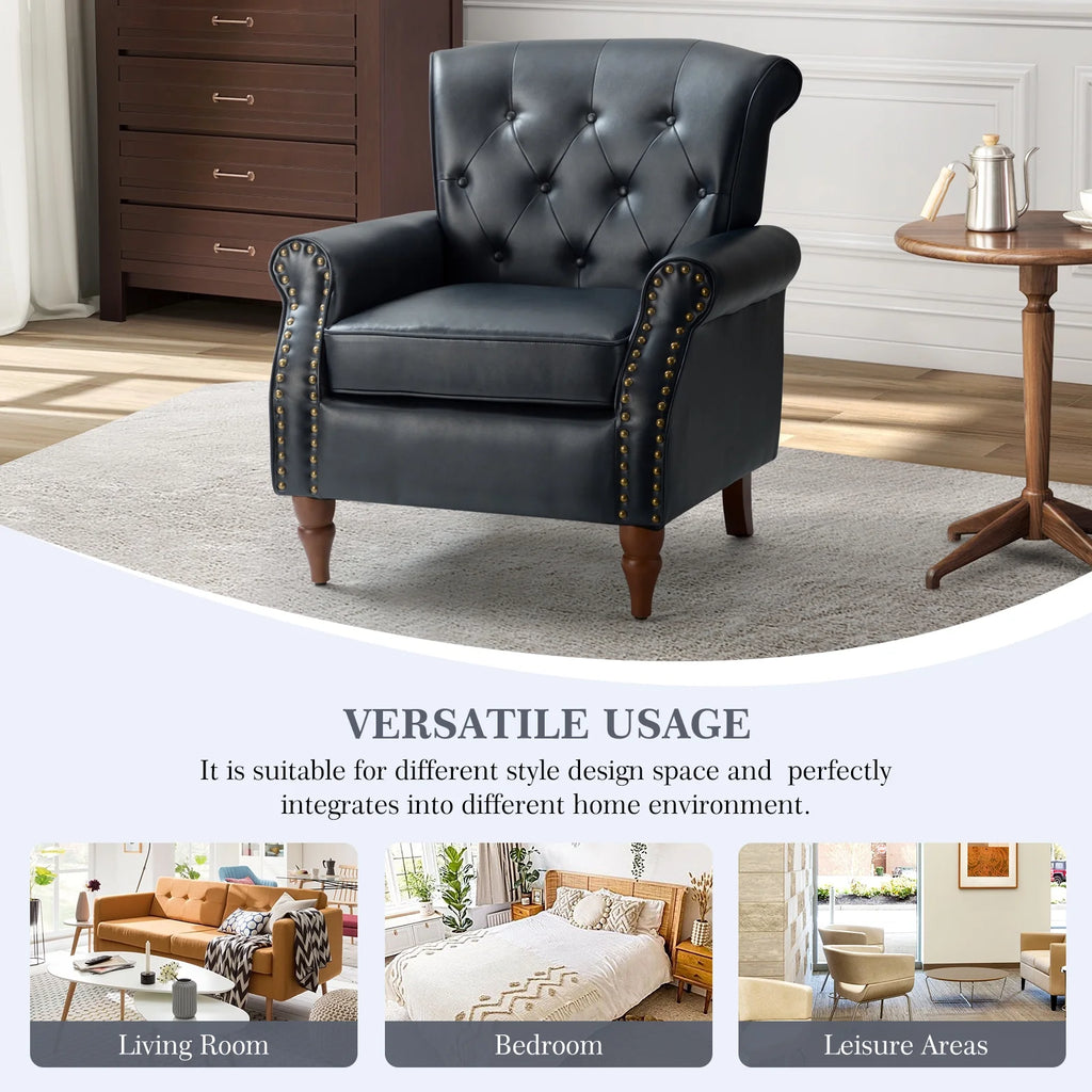 Navy Mid-Century Upholstered Accent Armchair with Wooden Legs U6154