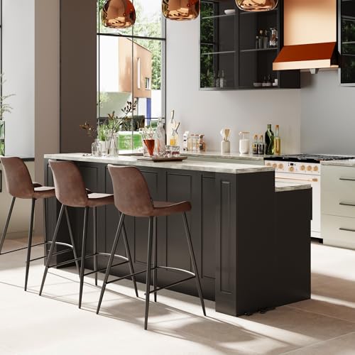 94.5" W Stationary Kitchen Island Storage Cabinet with Power Outlet, 3 Drawers, Black & Marble Grain F55584