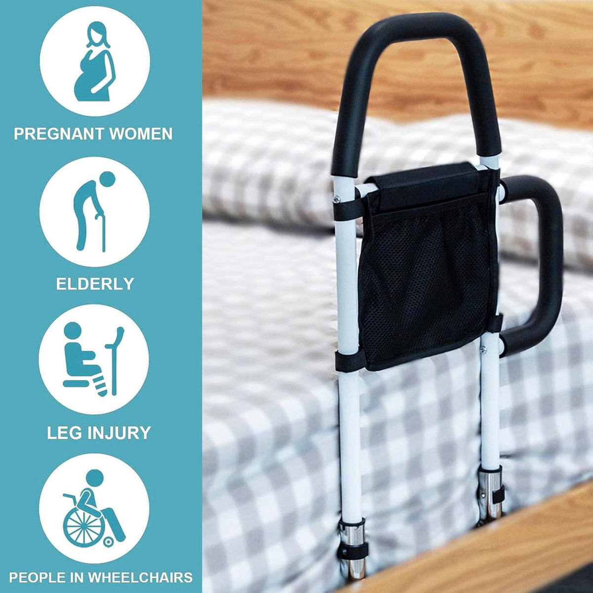Heavy Duty 330lbs Bed Rails with Dual Padded Grab Bars & Storage Pocket L93607