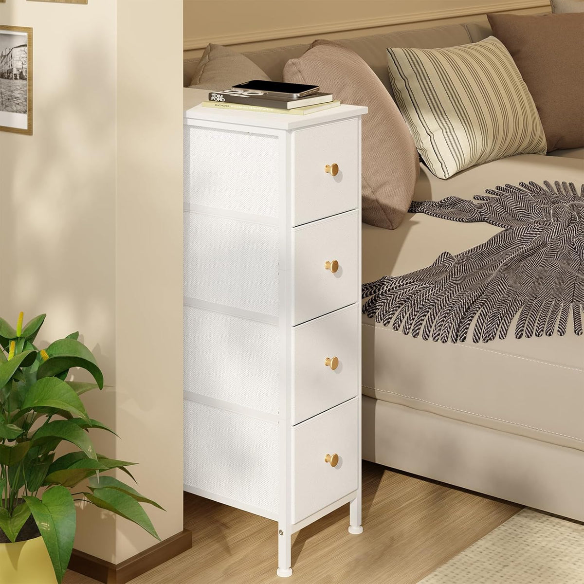 White 4 Drawer Slim Fabric Dresser with Steel Frame and Wood Top K72446