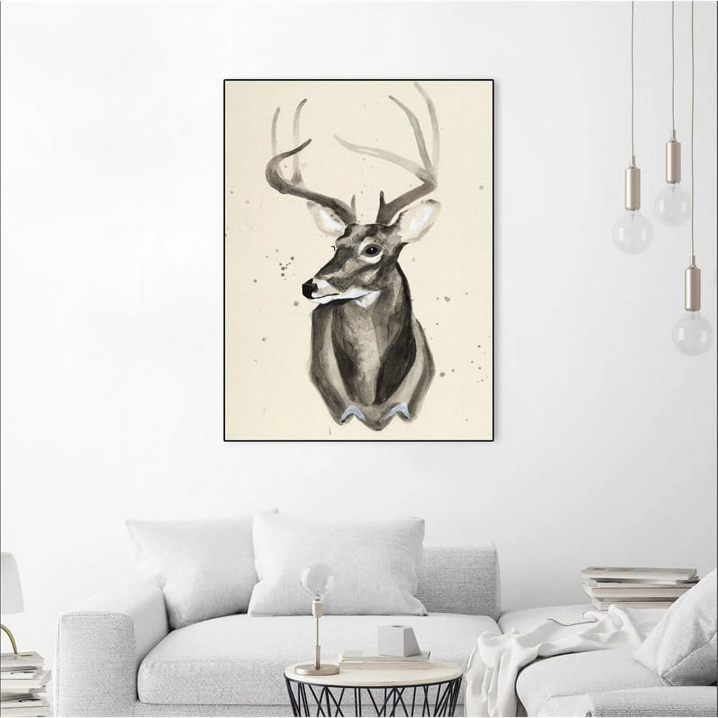 Canvas 24x32 Watercolor Deer Head 3 Framed in Multi-Color V611