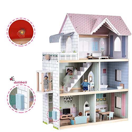 Large Pink Wooden Dollhouse with 15 Pcs Furniture & 3 Dolls M736