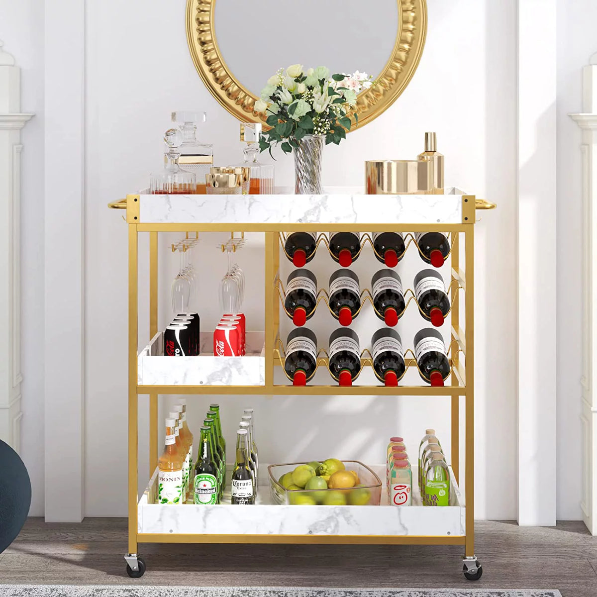 Gold Bar Cart with 12 Bottle Wine Rack E6957