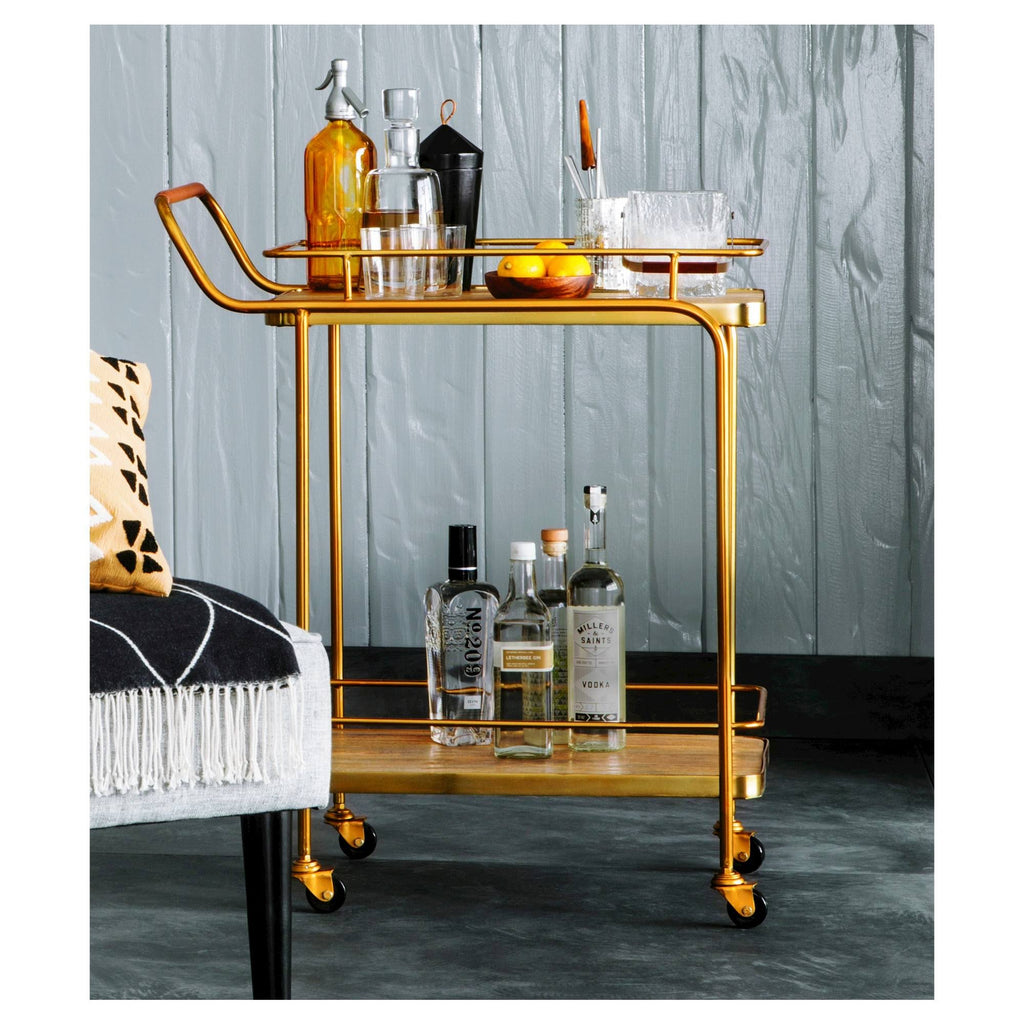 Gold Metal Wood Leather Bar Cart N252