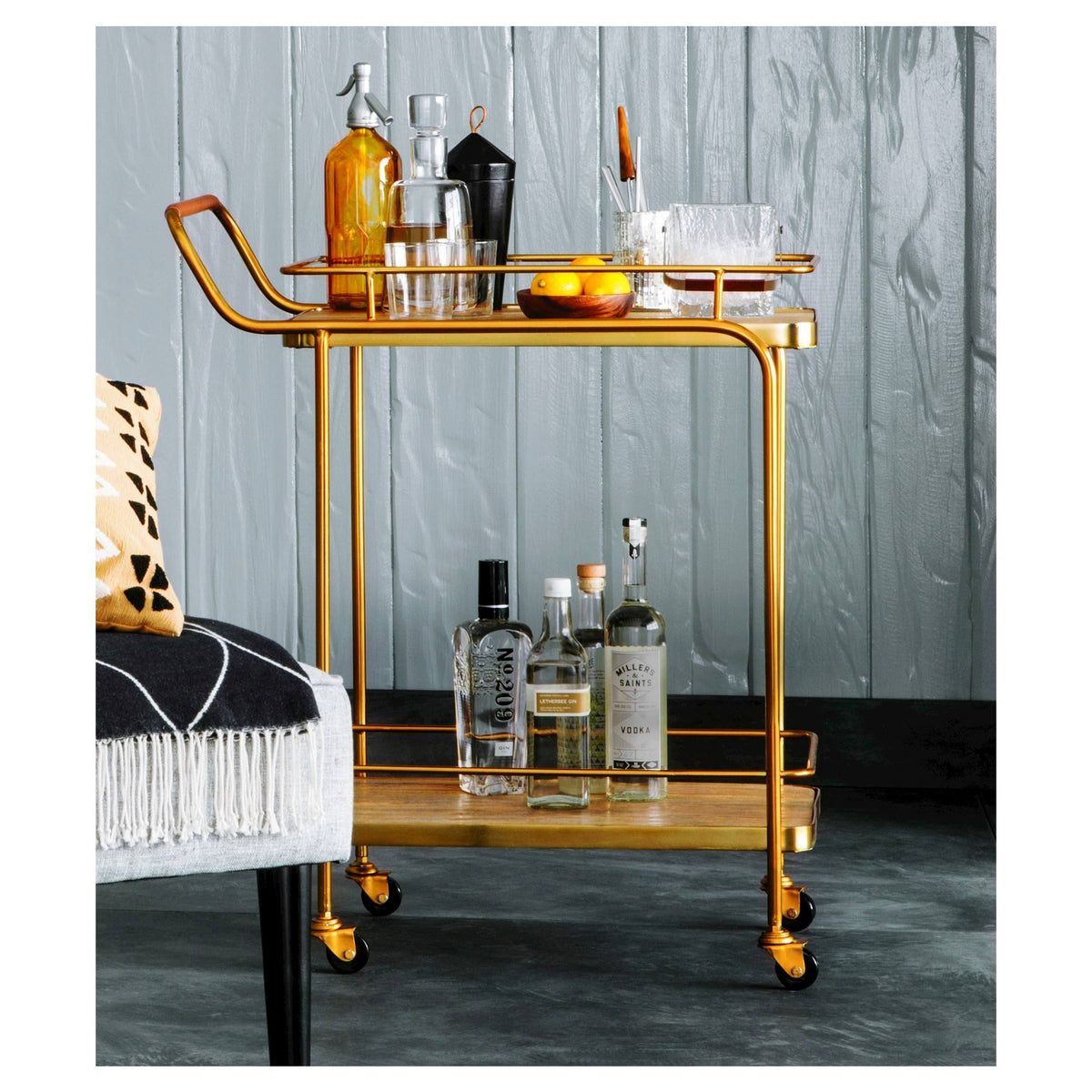 Gold Metal Wood Leather Bar Cart N252