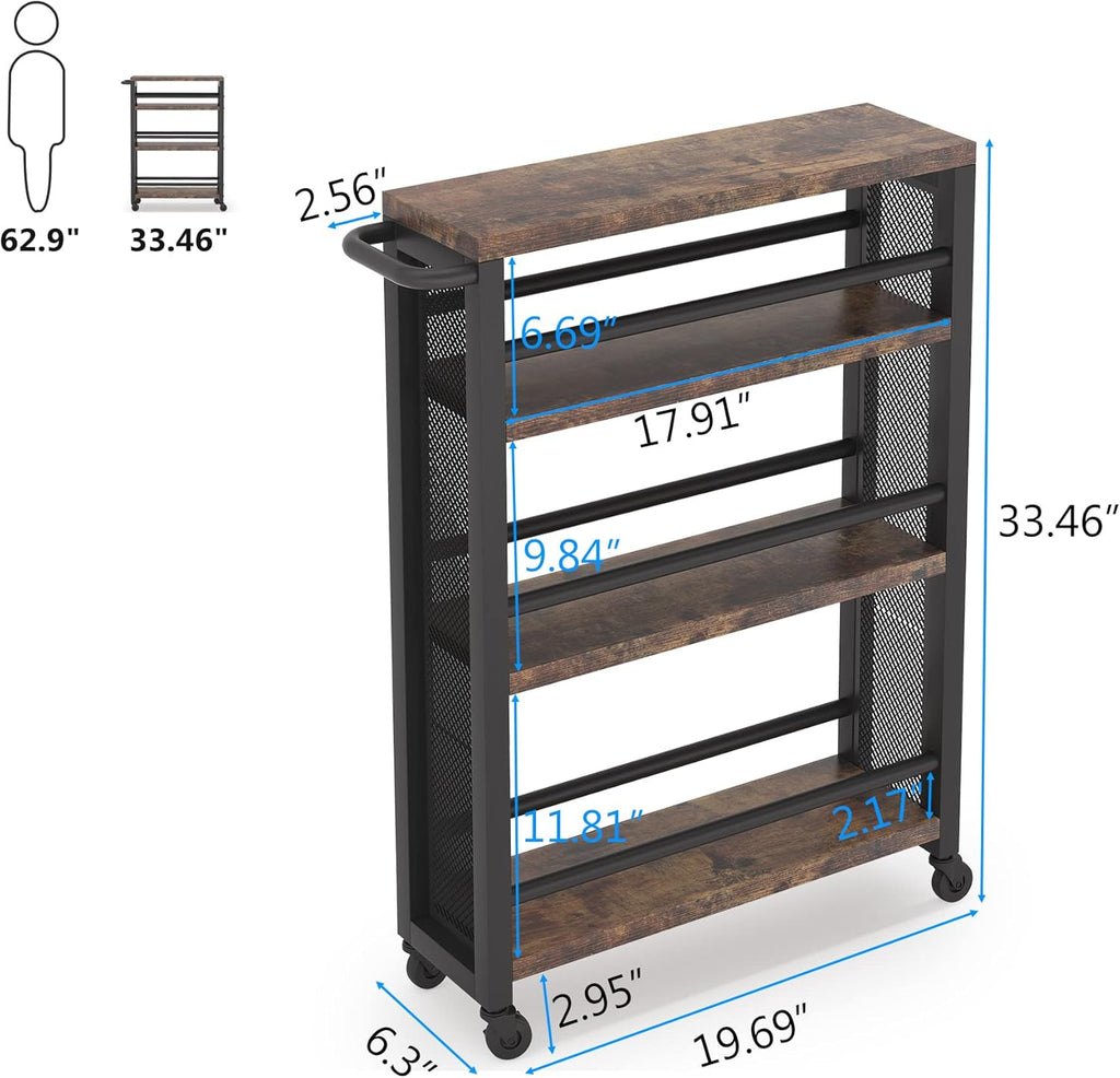 Brown 4 Tiers Wood Rolling Cart with Wheels U44537