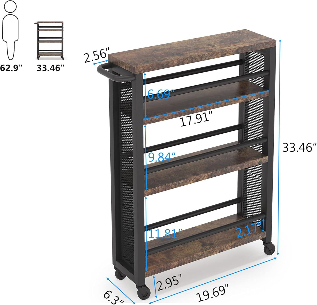 Brown 4 Tiers Wood Rolling Cart with Wheels U44537