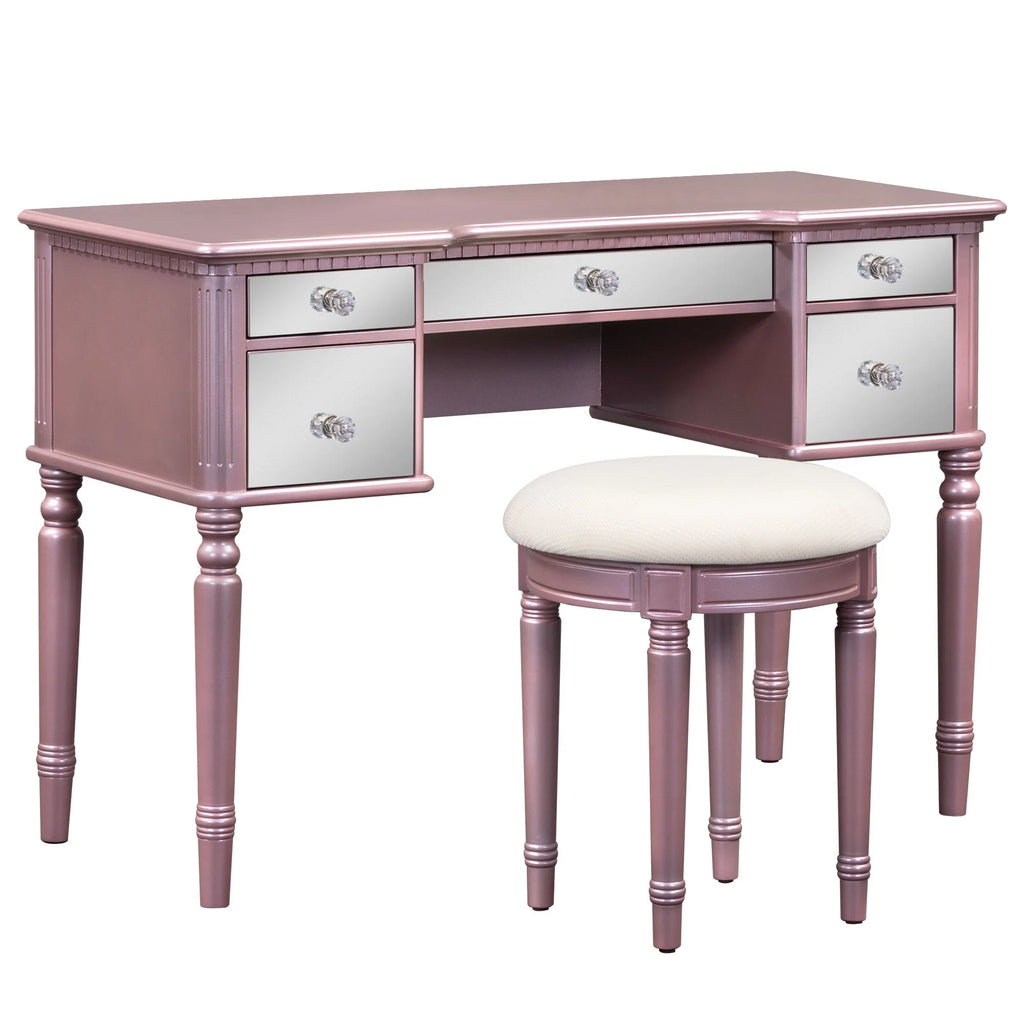 Pink Vanity Set with Tri-Fold Mirror and Stool U905633