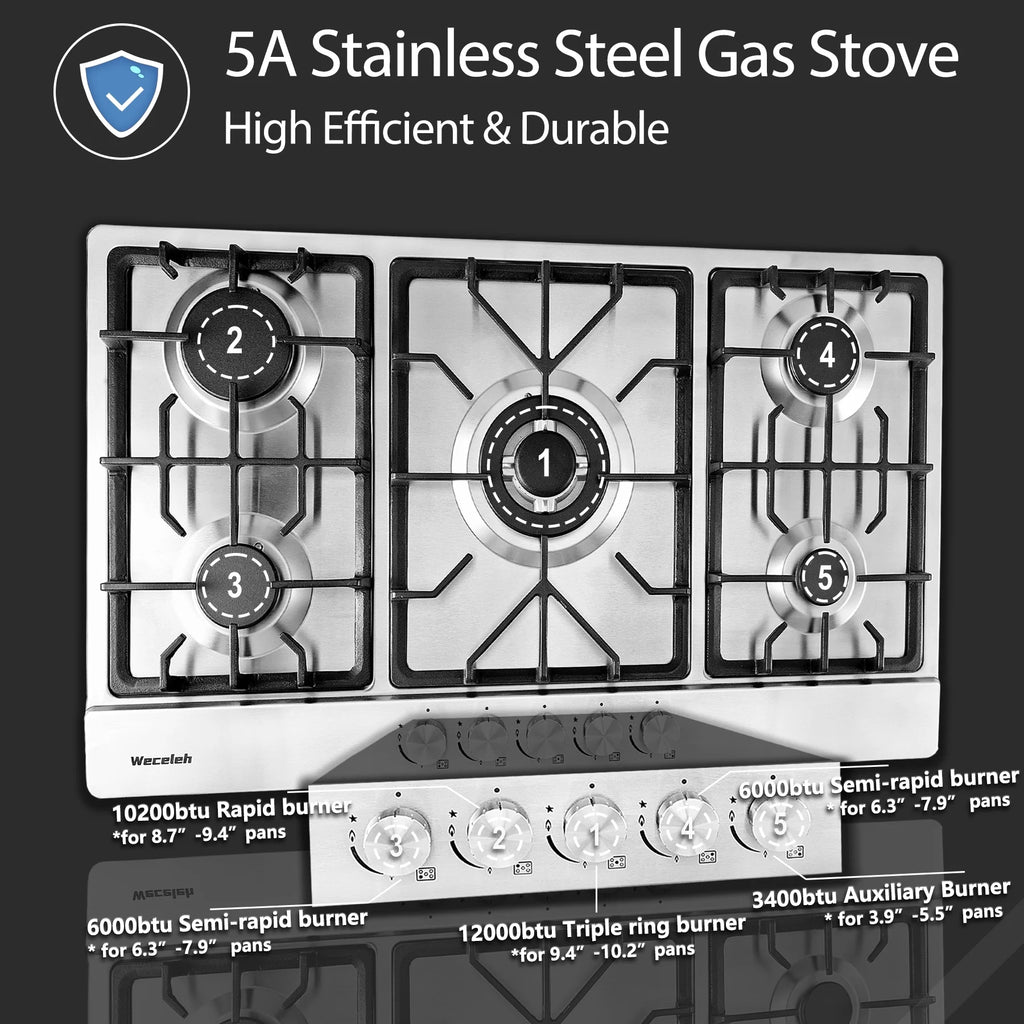 34" 5 Burner Dual Fuel Stainless Steel Gas Cooktop E734