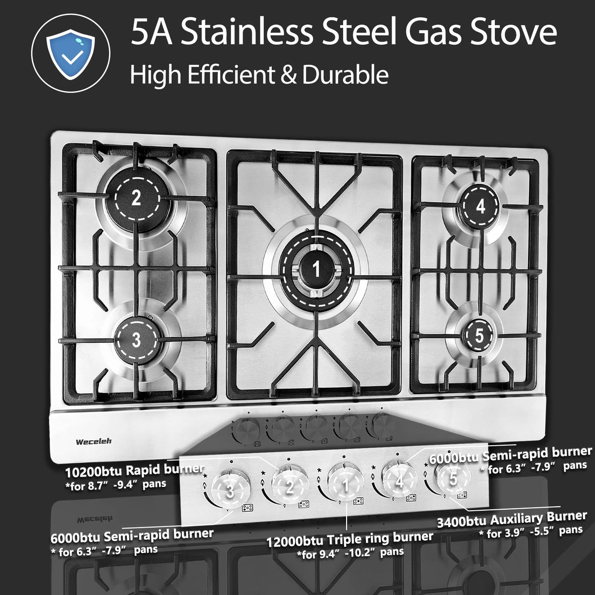 34" 5 Burner Dual Fuel Stainless Steel Gas Cooktop E734