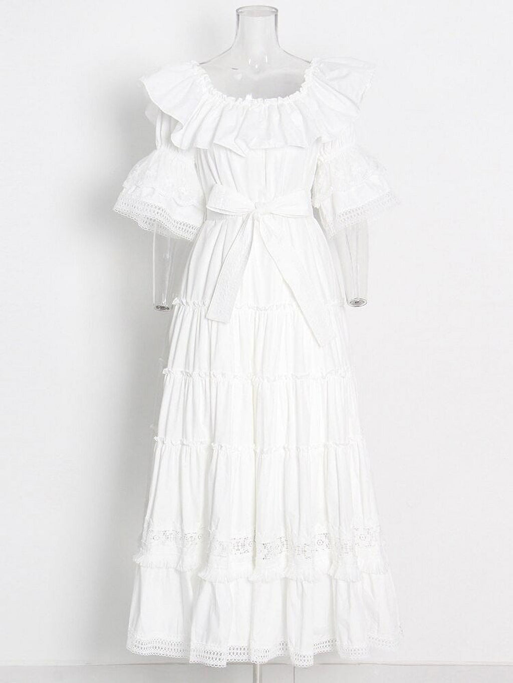White Slash Neck Short Sleeve Long Dress P46630