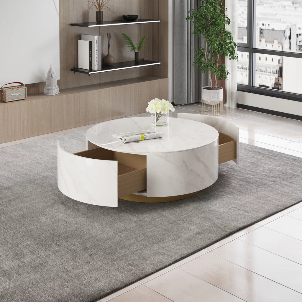 White Round Coffee Table with Two Drawers Y432