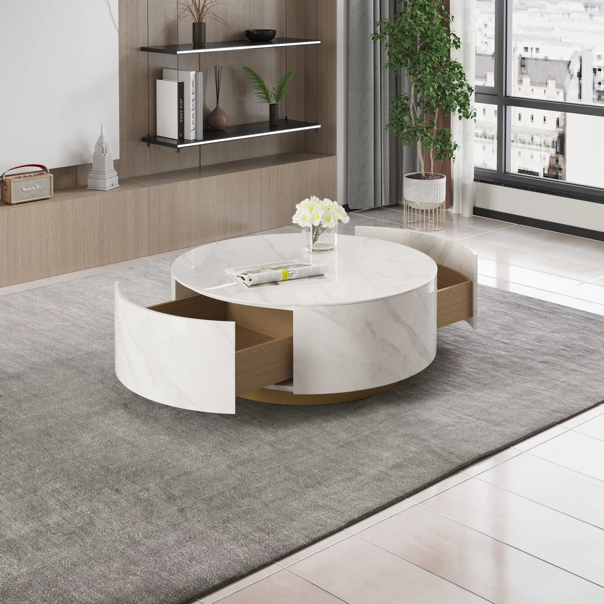 White Round Coffee Table with Two Drawers Y432
