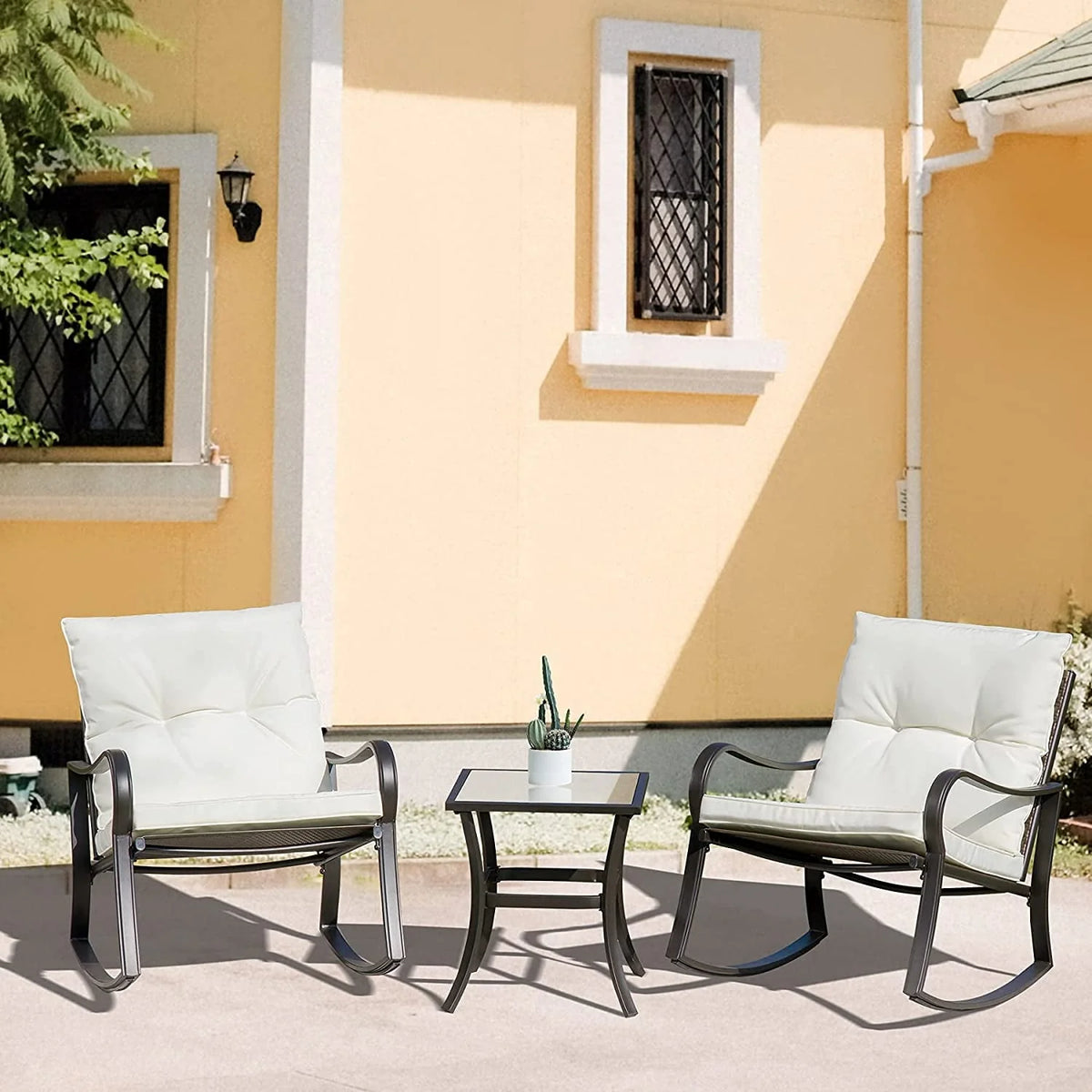 3 Pieces Bistro Set Rocking Chairs Cushion Glass Top Table Blue O1603