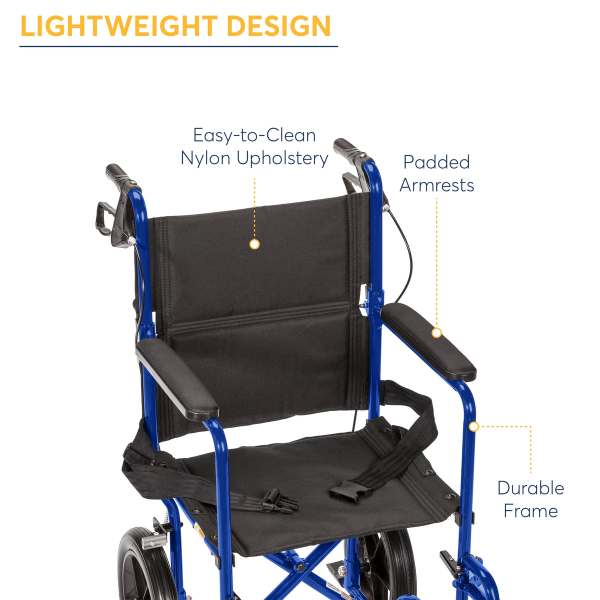 Blue 19" Seat Lightweight Transport Wheelchair with Hand Brakes J671913