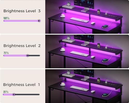 Black 40 Inch Computer Desk with LED Lights, Power Outlet, Drawer, Monitor Stand, Headphone Hook W3083