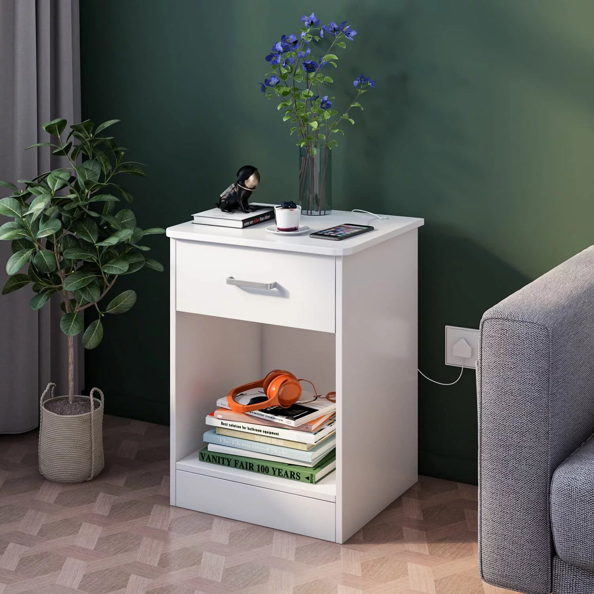 White Nightstand with Drawer and Storage Shelf E655