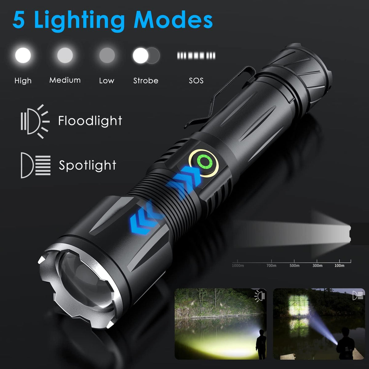 Rechargeable Tactical Flashlight, 120000 Lumens, 5 Modes, Zoomable, Waterproof J361