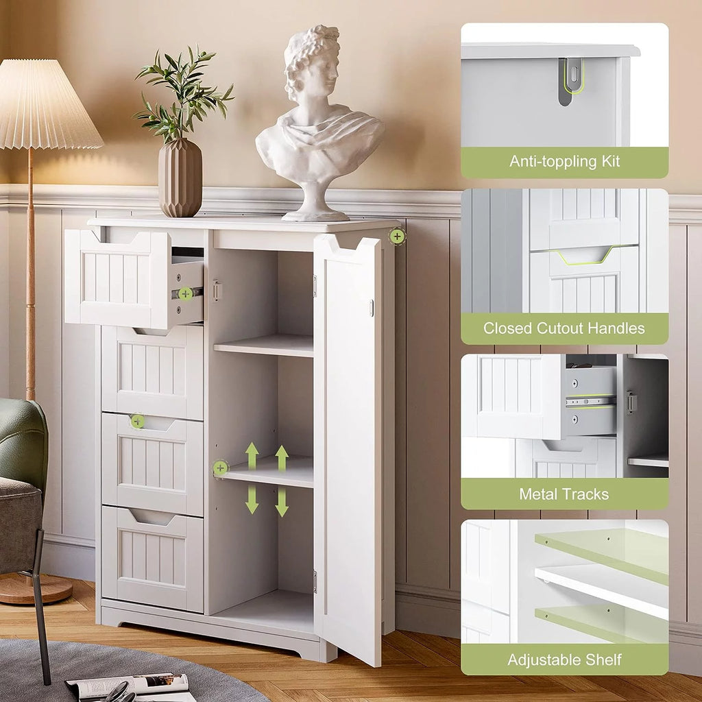White 33" Wooden Storage Cabinet with Door and 4 Drawers P69854