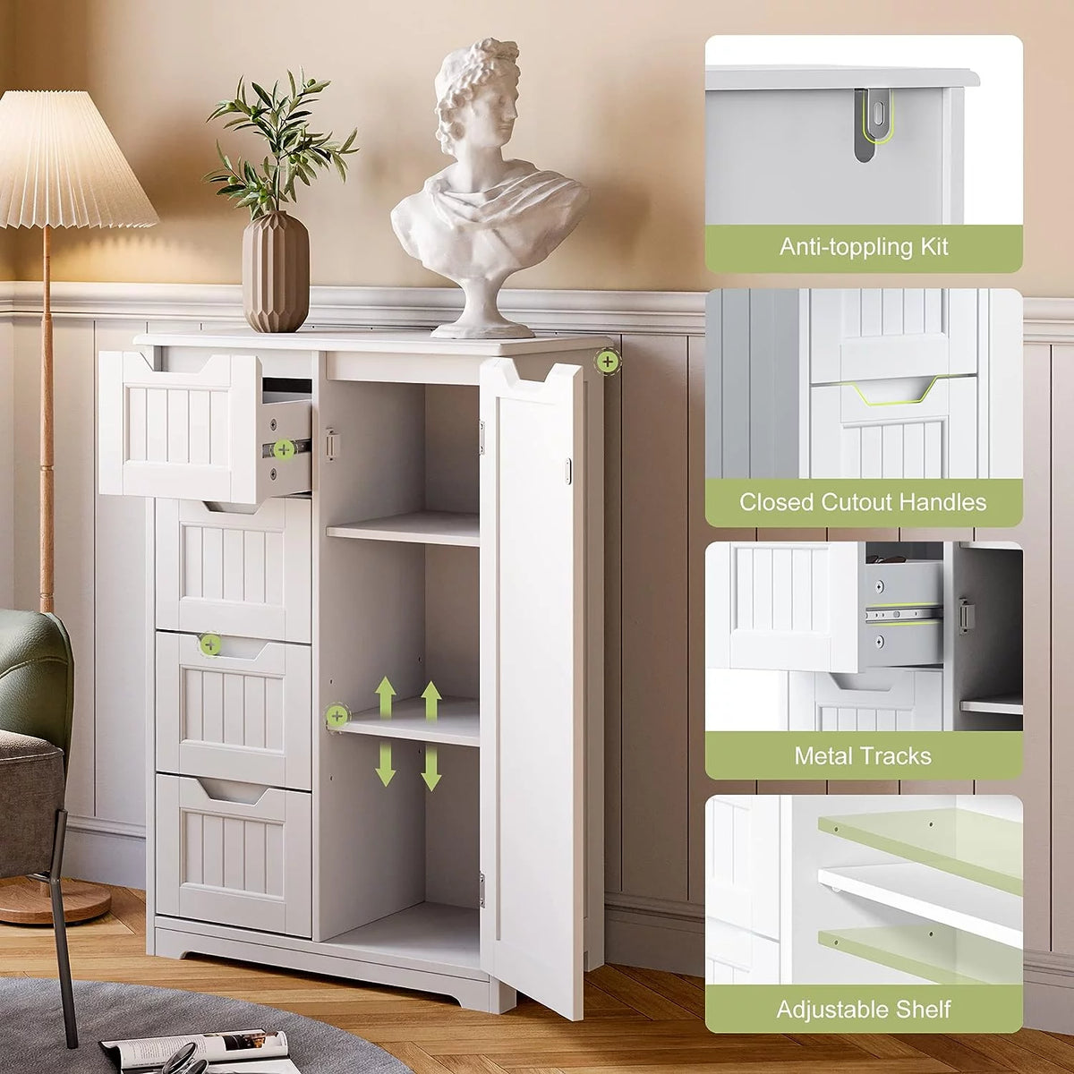 White 33" Wooden Storage Cabinet with Door and 4 Drawers P69854