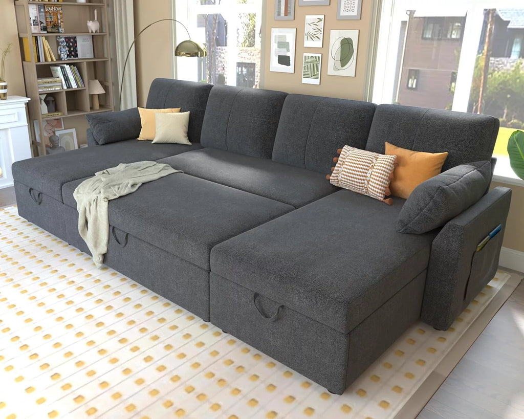 White Sherpa Sleeper Sofa with Storage Chaise V601179