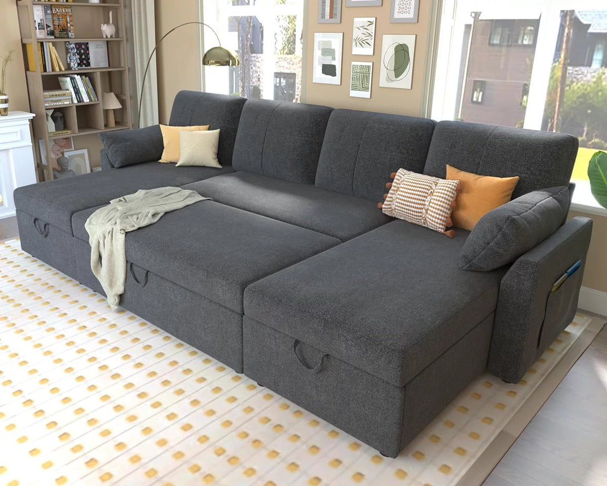 White Sherpa Sleeper Sofa with Storage Chaise V601179