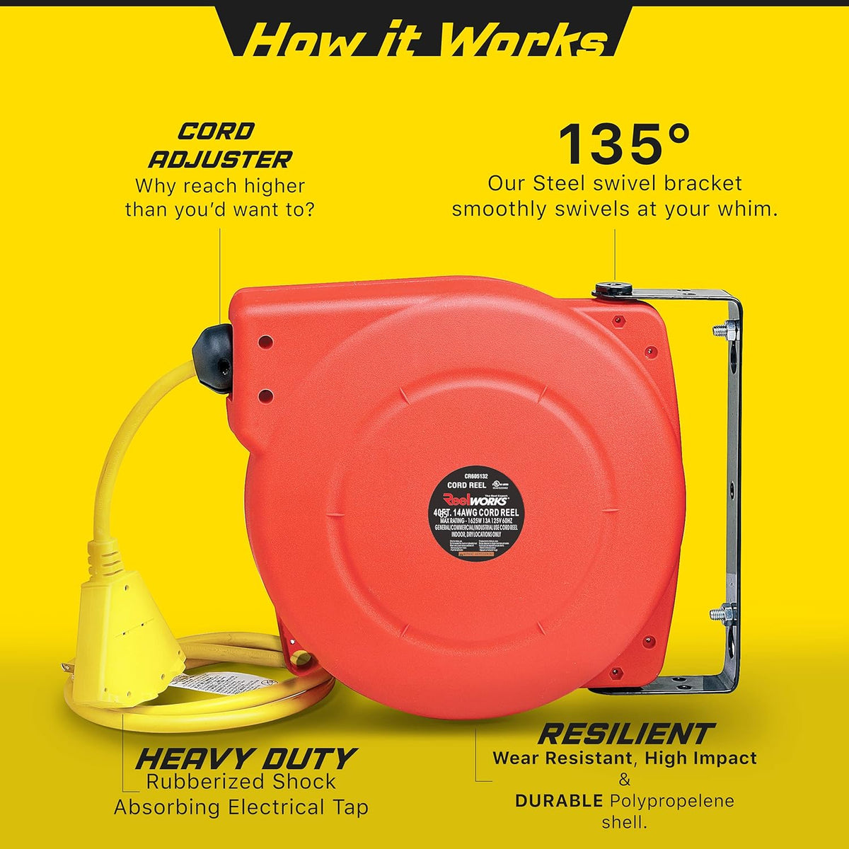 Retractable 14AWG x 40' Extension Cord Reel Q9768